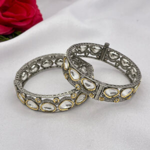 Silver Finish Kundan Bangles with Gold Touch