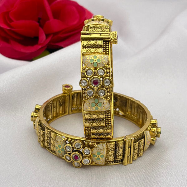 Heritage Antique Floral Meenakari Gold Bangles With Kundan Polki Detailing