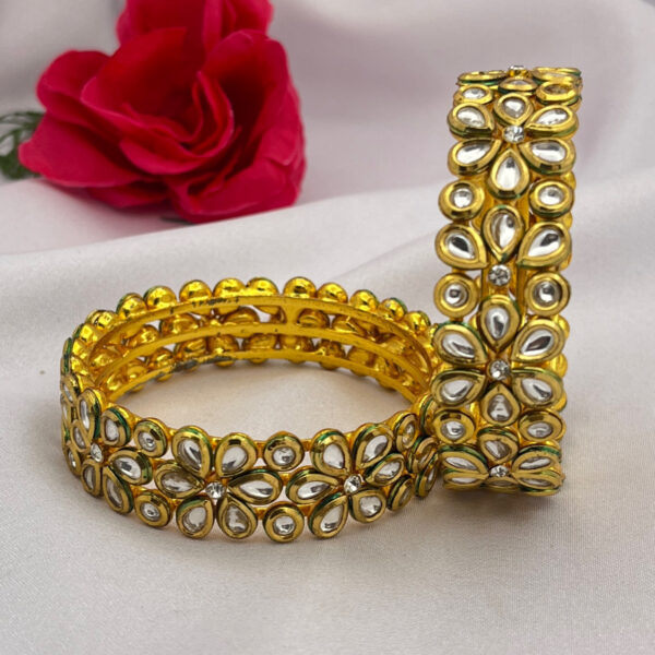 Floral Kundan Bangles with Green Enamel Accent