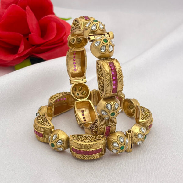 Antique Carved Kada Bangles with Ruby & Kundan Detailing