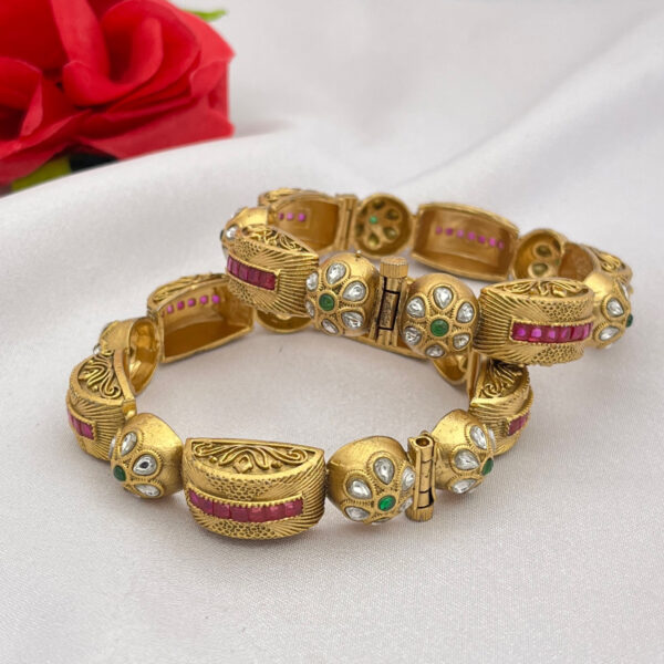 Antique Carved Kada Bangles with Ruby & Kundan Detailing