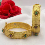 Antique Floral Gold Bangles with Ruby and Green Stones
