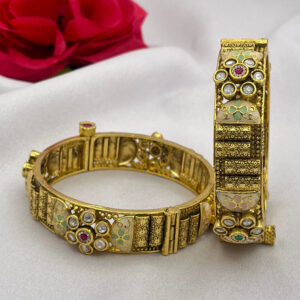 Heritage Antique Floral Meenakari Gold Bangles With Kundan Polki Detailing