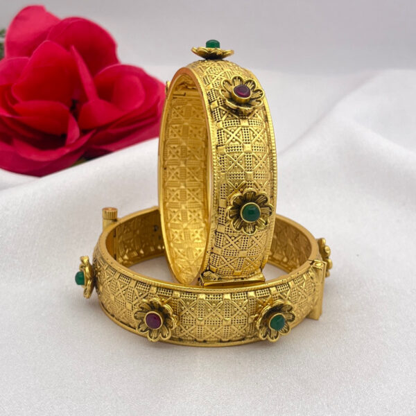 Antique Floral Gold Bangles with Ruby and Green Stones