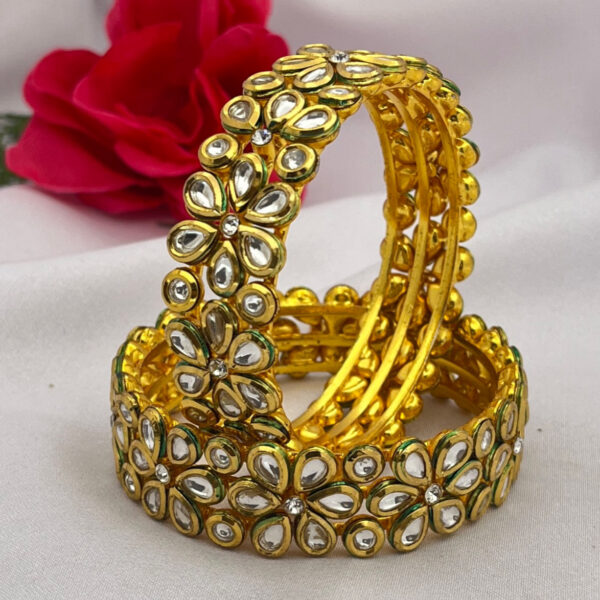 Floral Kundan Bangles with Green Enamel Accent