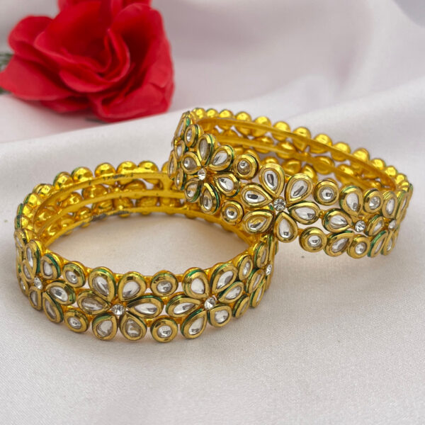Floral Kundan Bangles with Green Enamel Accent