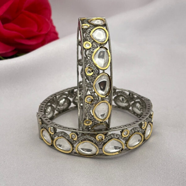 Silver Finish Kundan Bangles with Gold Touch