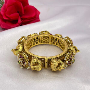 Rajwadi Elephant Design Bangles with Ruby, Emerald & Pearl Drops