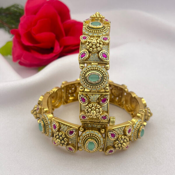 Gold-Plated Meenakari Bangles with Ruby & Mint Green Stones