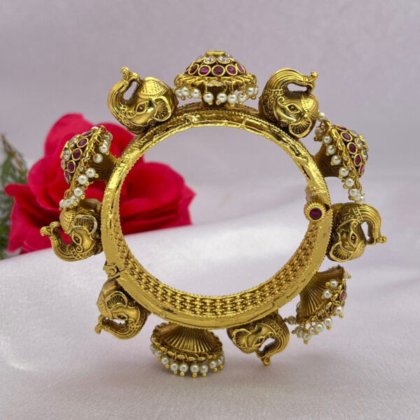 Rajwadi Elephant Design Bangles with Ruby, Emerald & Pearl Drops
