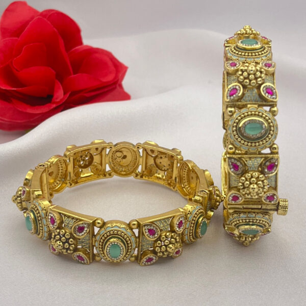 Gold-Plated Meenakari Bangles with Ruby & Mint Green Stones