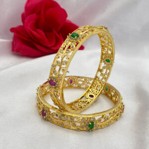 Traditional Gold Filigree Bangles with Ruby & Emerald Stones