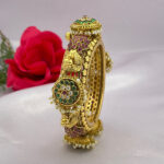 Rajwadi Peacock Design Bangles with Emerald, Ruby & Pearl Drops