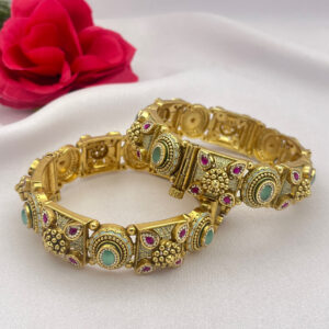 Gold-Plated Meenakari Bangles with Ruby & Mint Green Stones