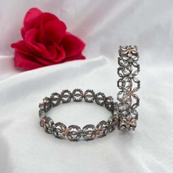 Rose Gold and Oxidised Floral AD Bangles