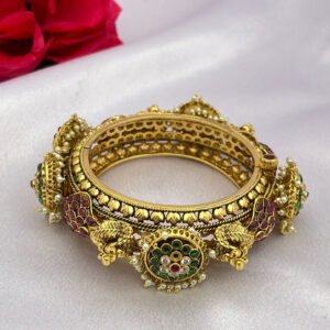 Rajwadi Peacock Design Bangles with Emerald, Ruby & Pearl Drops