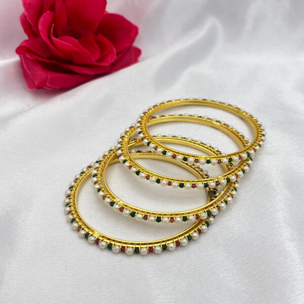 Royal Pearl Bangles with Ruby & Emerald Accents - Set of 4