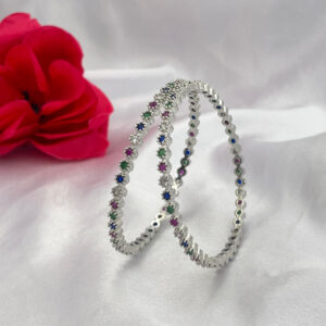 Sleek Silver Bangles with AD Stones Floral Design