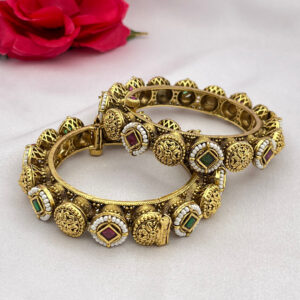 Rajwadi Emerald Ruby Antic Gold-Plated Openable Bangle