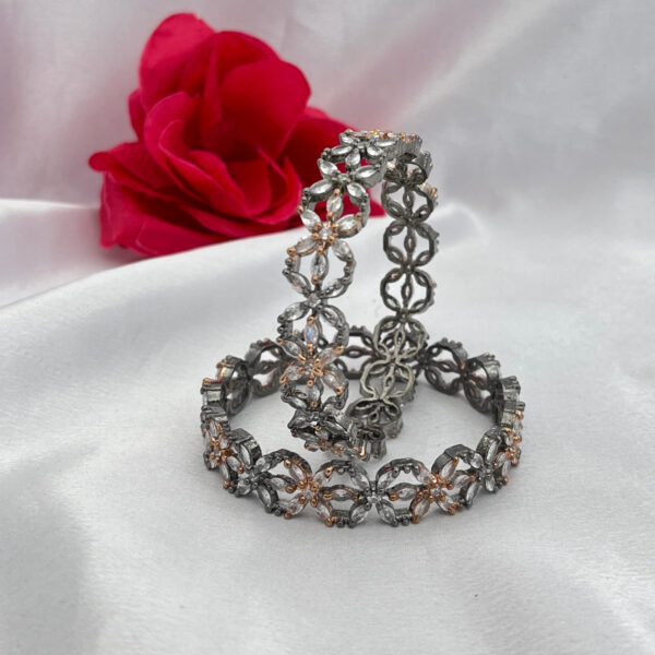 Rose Gold and Oxidised Floral AD Bangles