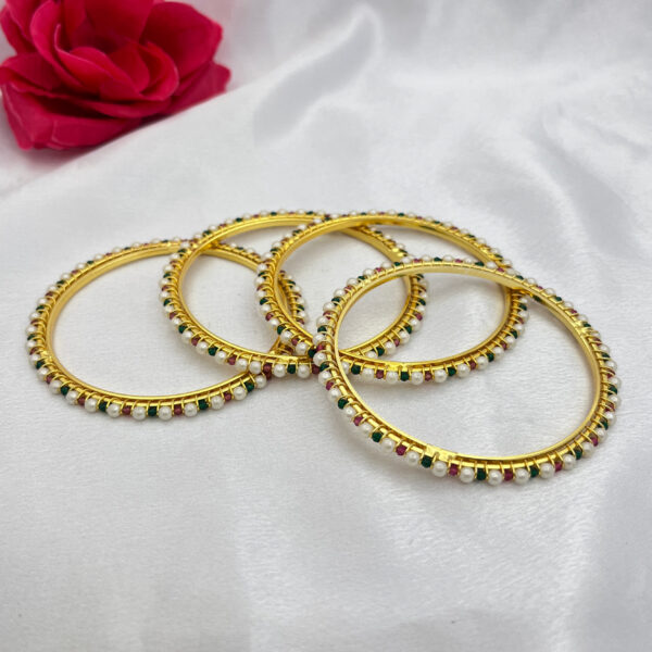 Royal Pearl Bangles with Ruby & Emerald Accents - Set of 4