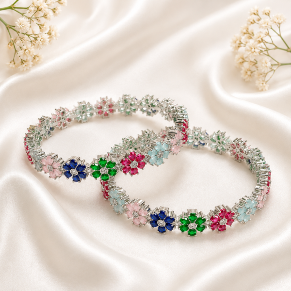 Multi flower rhodium plated AD kada