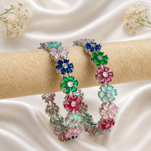 Multi flower rhodium plated AD kada