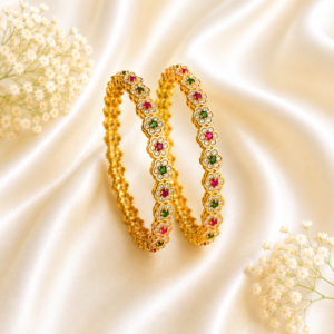 Floral-round ruby-green kada