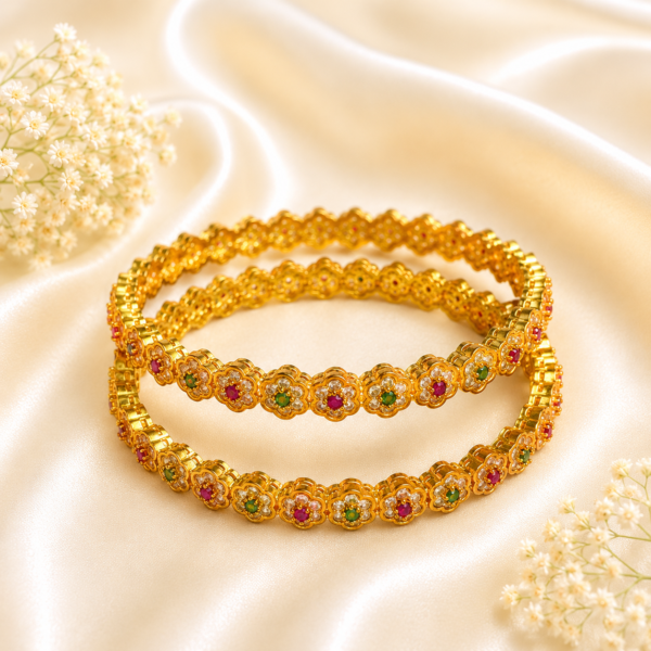 Floral-round ruby-green kada