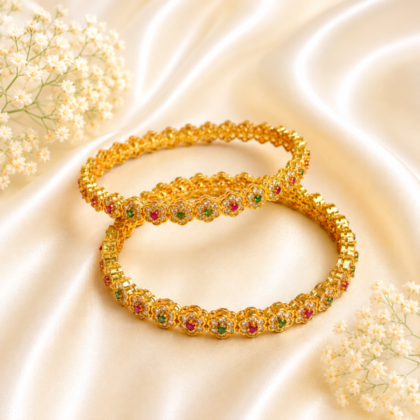 Floral-round ruby-green kada