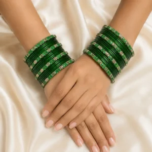 Classic Green Bangles With Flower Design Stone Glass Bangle Set (2)
