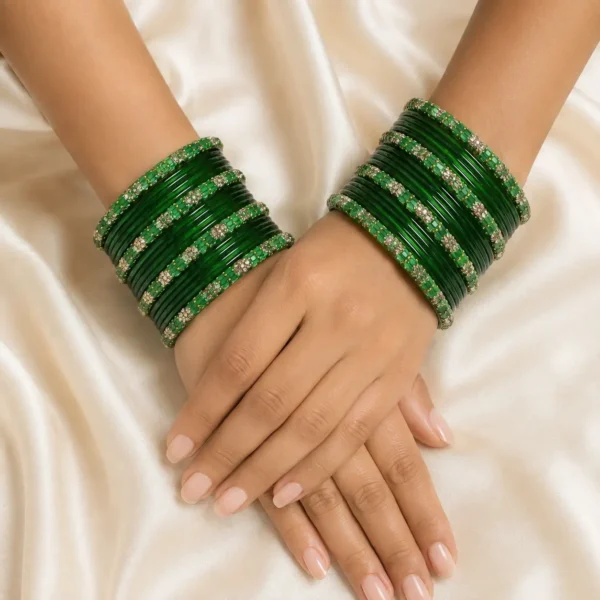 Classic Green Bangles With Flower Design Stone Glass Bangle Set