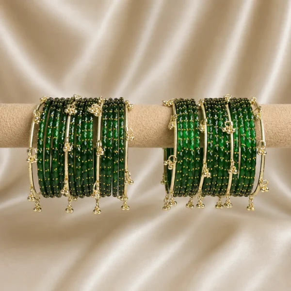 Green Raindrop Bangle With Premium Ghungroo Glass Set