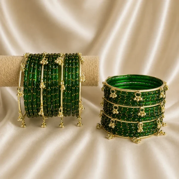 Green Raindrop Bangle With Premium Ghungroo Glass Set