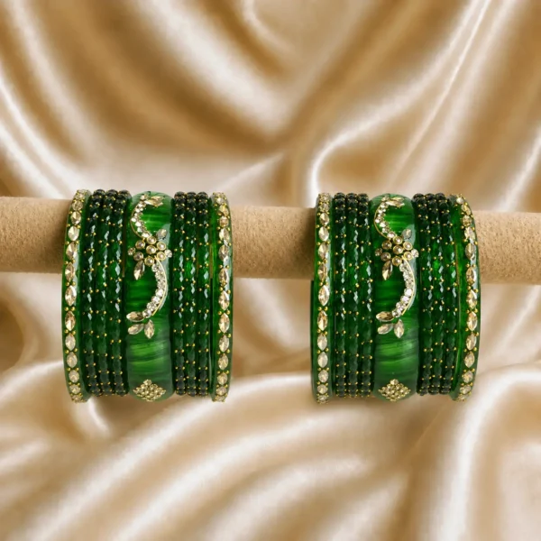 Green Raindrop Bangles With Marble Kada Glass Set