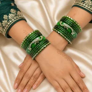 Green Raindrop Bangles With Marble Kada Glass Set (3)