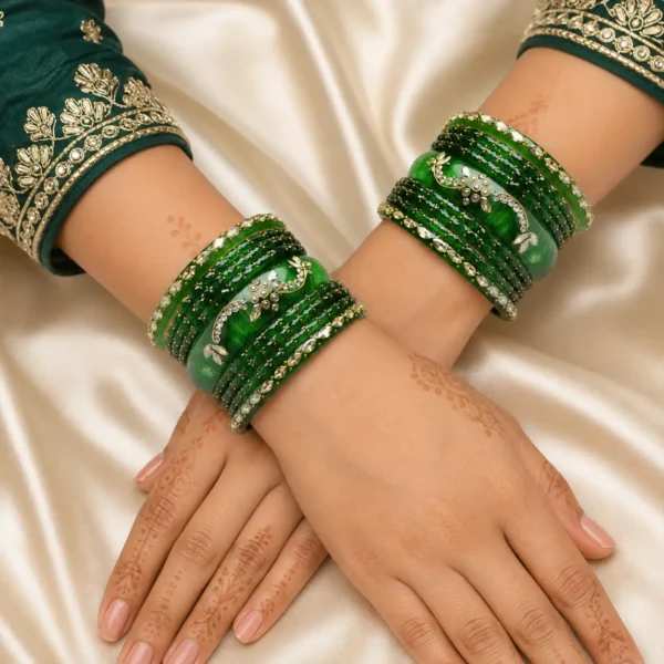 Green Raindrop Bangles With Marble Kada Glass Set
