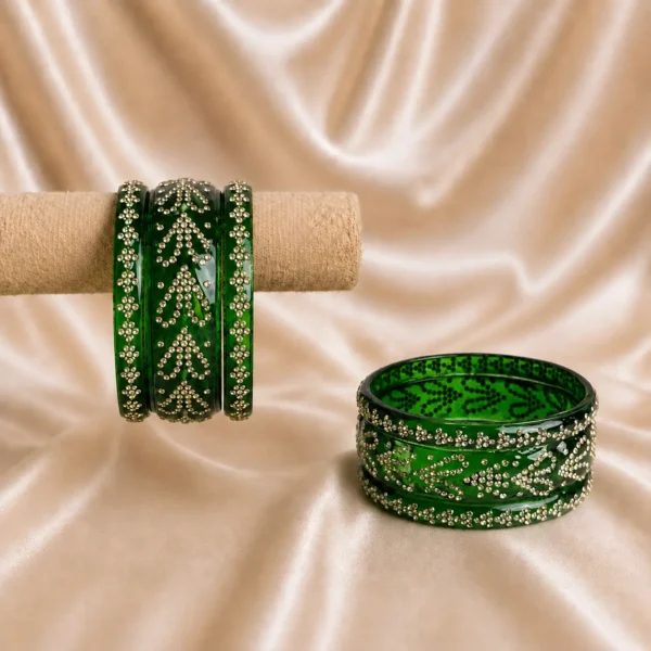 Heart Shape Green Kada Glass Bangle Set