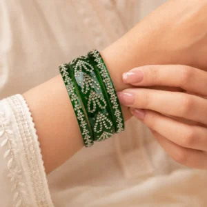 Heart Shape Green Kada Glass Bangle Set (3)
