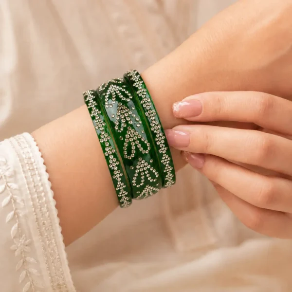 Heart Shape Green Kada Glass Bangle Set