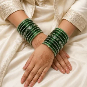 Heart Shape Stone Kada With Green Glass Bangle Set (1)