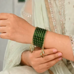 Sleek Hanging With Green Stone Glass Bangle Set (1)