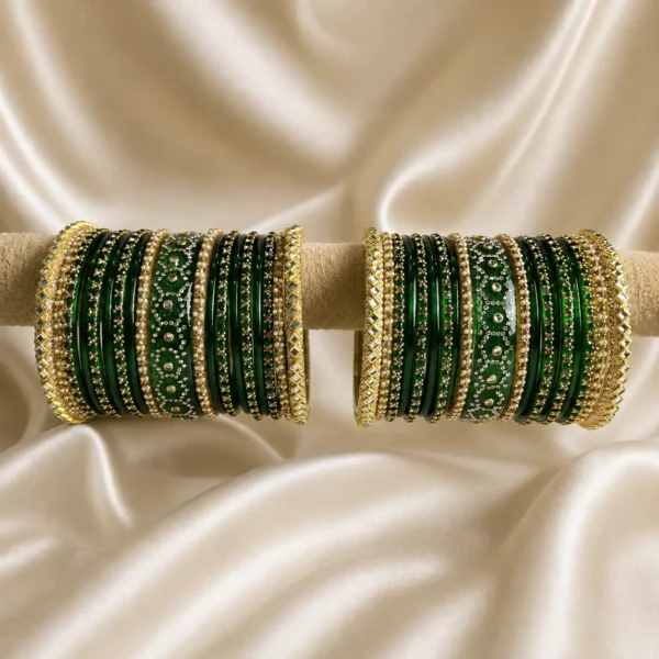 Teej Special Green Glass Set with Mirror Stone Bangle