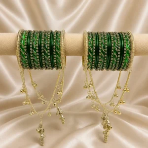 Traditional Green Kashmiri Glass Bangle Set With Golden Ghungroo Hanging