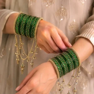 Traditional Green Kashmiri Glass Bangle Set With Golden Ghungroo Hanging (2)