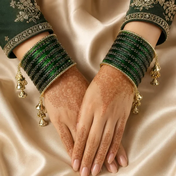 Trendy Green Teej Green Bangle Glass Set With Sleek Hanging